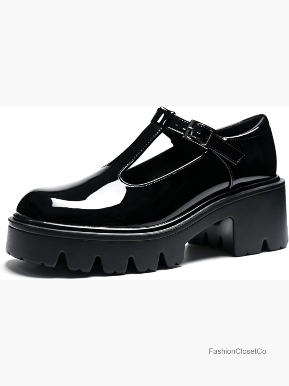 Retro T-Strap Mary Jane Shoes Low Chunky Platform Heel Patent Leather Lug Sole